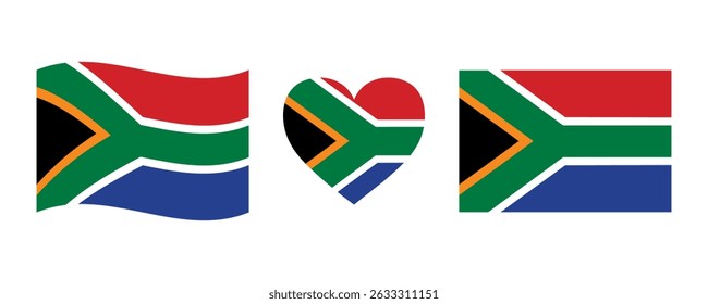 South Africa flag signs set, heart shape decorative element. Independence Day of South Africa. National symbols of Heritage Day in South Africa. African wavy flag. Juneteenth, Black History Month.