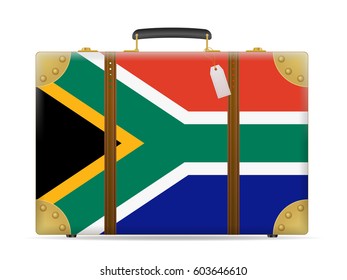 South Africa flag travel suitcase on a white background.