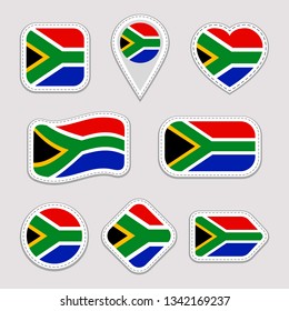 South Africa flag vector set. South African flags stickers collection. Isolated geometric icons. Country national symbols badges. Web, sport page, patriotic, travel design elements. Different shapes
