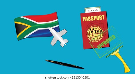 South Africa flag with white plane icon. Passport with visa approved stamp. Black stylish Pen. South African Travel poster. Editable vector EPS available