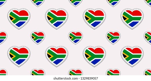 South Africa flags background. RSA flag seamless pattern. Vector stickers. Love hearts symbols. Good choice for sports pages, travel, patriotic, geographic, elements. patriotic wallpaper