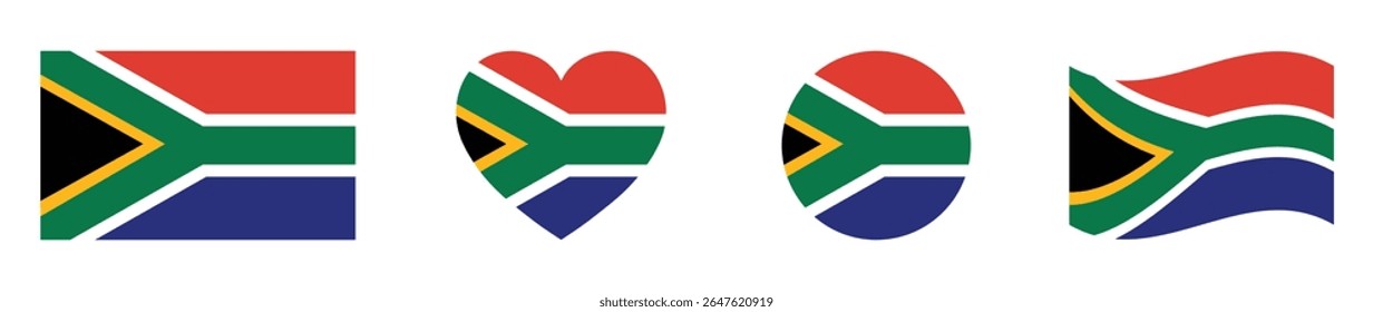 South Africa flags set in square, heart, circle and waving formats designs element. South Africa flags collection. Set of South Africa flags icons isolated on white background. Vector illustration.