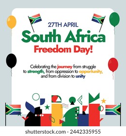 South Africa Freedom Day design post. Includes South African flag and multiple geometric abstract shapes and patterns Vector illustration. 27th April. Vector illustration of Africa national day