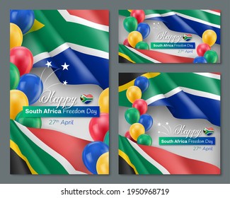 Fijación de plantillas para el Día de la Libertad de Sudáfrica. Banner vertical, afiche, volante, plantilla de invitación de celebración navideña en colores de bandera nacional celebrado el 27 de abril ilustración vectorial realista