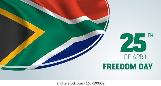 South Africa freedom day vector banner, greeting card. South African wavy flag and sign with date in 25th of April national patriotic holiday horizontal design