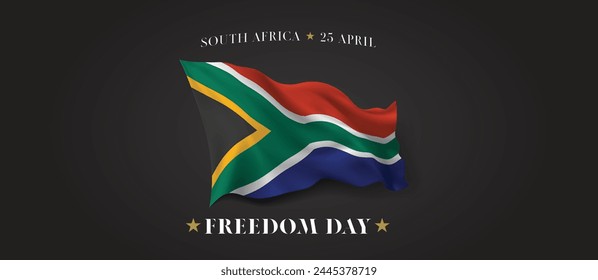 South Africa freedom day vector banner, greeting card. South African wavy flag in 25th of April patriotic holiday horizontal design with realistic flag