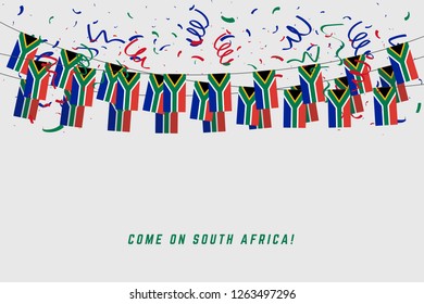 South Africa garland flag with confetti on gray background, Hang bunting for South Africa celebration template banner.