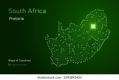 Mapa sudafricano de brillo con capital de Pretoria, mostrado en un patrón de microchip. Gobierno electrónico. Mapas vectoriales de países del mundo. Serie de microchips