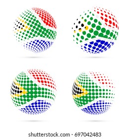 South Africa halftone flag set patriotic vector design. 3D halftone sphere in national flag colors isolated on white background.