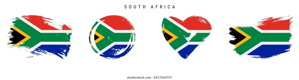 South Africa hand drawn grunge style flag icon set. RSA banner in official colors. Free brush stroke shape, circle and heart-shaped. Flat vector illustration isolated on white.