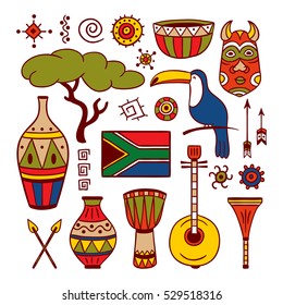 South Africa hand drawn illustrations and objects, tribal elements, music instruments, boho style illustrations