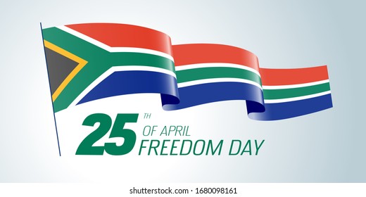 South Africa happy freedom day greeting card, banner vector illustration. South African national holiday 25th of April design element with waving flag on the pole