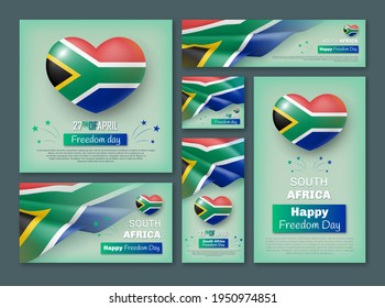 South Africa Happy Freedom Day Banners set. Holiday event celebrated on 27 april poster, flyer, card, background with waving national flags and glossy hearts realistic vector illustration