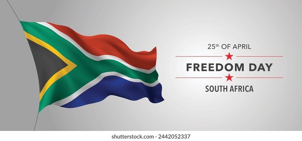 South Africa happy freedom day greeting card, banner with template text vector illustration. South African memorial holiday 25th of April design element with 3D flag with stripes