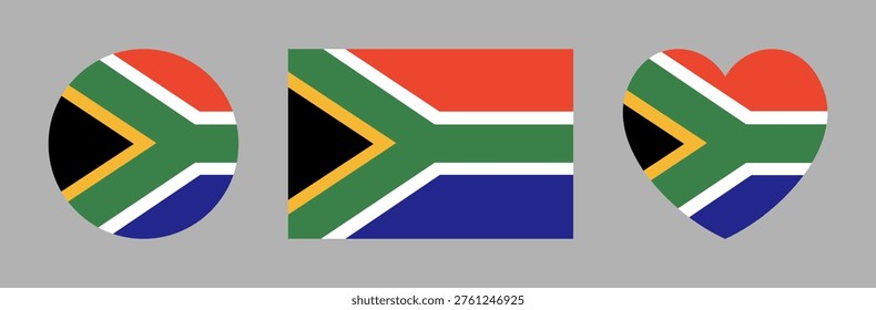 South Africa heart shaped, rectangular, round flag button, sticker. Set of circular, rectangle, heart flag symbols, icon, badge. Flag of South Africa banner, background. National sign in heart shape.