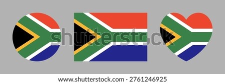 South Africa heart shaped, rectangular, round flag button, sticker. Set of circular, rectangle, heart flag symbols, icon, badge. Flag of South Africa banner, background. National sign in heart shape.