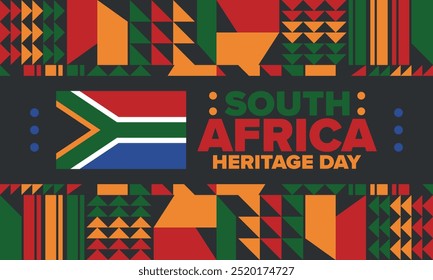 South Africa Heritage Day. Happy holiday. Celebrate culture and traditions of nation. South African flag. Poster with illustration. Pattern design. Vector