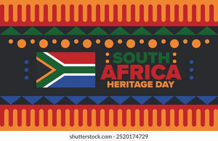 South Africa Heritage Day. Happy holiday. Celebrate culture and traditions of nation. South African flag. Poster with illustration. Pattern design. Vector