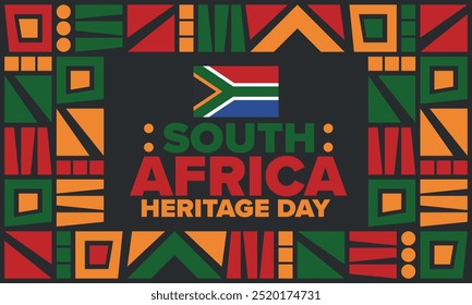 South Africa Heritage Day. Happy holiday. Celebrate culture and traditions of nation. South African flag. Poster with illustration. Pattern design. Vector