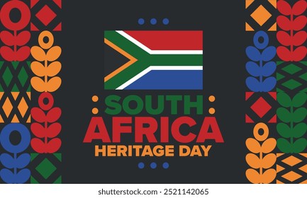 South Africa Heritage Day. Happy holiday. Celebrate culture and traditions of nation. South African flag. Poster with illustration. Pattern design. Vector