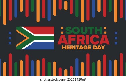 South Africa Heritage Day. Happy holiday. Celebrate culture and traditions of nation. South African flag. Poster with illustration. Pattern design. Vector