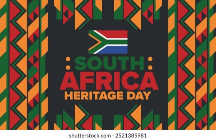 Dia do Patrimônio da África do Sul. Feliz feriado. Celebre a cultura e as tradições da nação. Bandeira sul-africana. Cartaz com ilustração. Design de padrões. Vetor