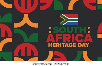 South Africa Heritage Day. Happy holiday. Celebrate culture and traditions of nation. South African flag. Poster with illustration. Pattern design. Vector