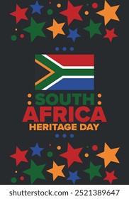 South Africa Heritage Day. Happy holiday. Celebrate culture and traditions of nation. South African flag. Poster with illustration. Pattern design. Vector