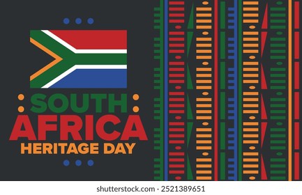 South Africa Heritage Day. Happy holiday. Celebrate culture and traditions of nation. South African flag. Poster with illustration. Pattern design. Vector