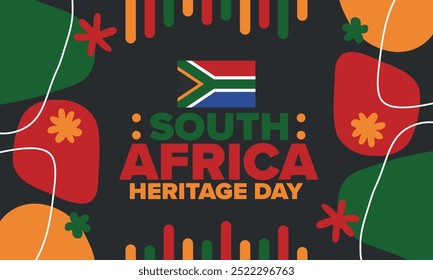 South Africa Heritage Day. Happy holiday. Celebrate culture and traditions of nation. South African flag. Poster with illustration. Pattern design. Vector