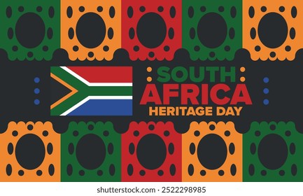 South Africa Heritage Day. Happy holiday. Celebrate culture and traditions of nation. South African flag. Poster with illustration. Pattern design. Vector