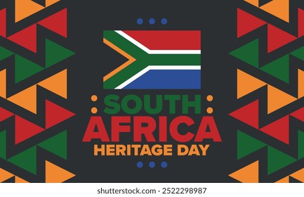 South Africa Heritage Day. Happy holiday. Celebrate culture and traditions of nation. South African flag. Poster with illustration. Pattern design. Vector