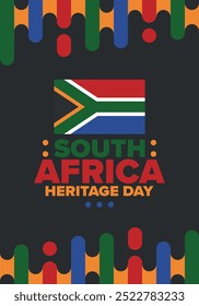 South Africa Heritage Day. Happy holiday. Celebrate culture and traditions of nation. South African flag. Poster with illustration. Pattern design. Vector