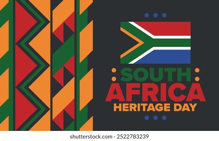 South Africa Heritage Day. Happy holiday. Celebrate culture and traditions of nation. South African flag. Poster with illustration. Pattern design. Vector