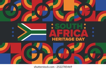 South Africa Heritage Day. Happy holiday. Celebrate culture and traditions of nation. South African flag. Poster with illustration. Pattern design. Vector