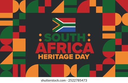 South Africa Heritage Day. Happy holiday. Celebrate culture and traditions of nation. South African flag. Poster with illustration. Pattern design. Vector