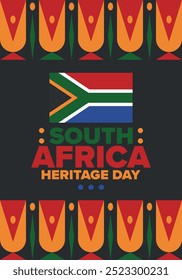 South Africa Heritage Day. Happy holiday. Celebrate culture and traditions of nation. South African flag. Poster with illustration. Pattern design. Vector