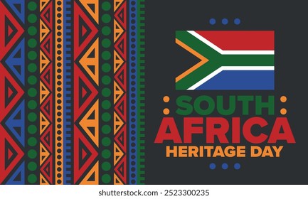 South Africa Heritage Day. Happy holiday. Celebrate culture and traditions of nation. South African flag. Poster with illustration. Pattern design. Vector