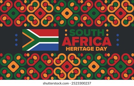 South Africa Heritage Day. Happy holiday. Celebrate culture and traditions of nation. South African flag. Poster with illustration. Pattern design. Vector