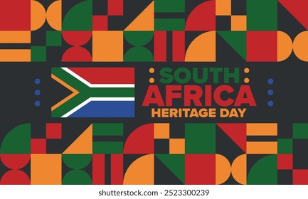 South Africa Heritage Day. Happy holiday. Celebrate culture and traditions of nation. South African flag. Poster with illustration. Pattern design. Vector