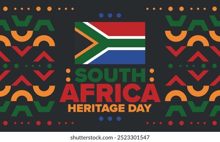 South Africa Heritage Day. Happy holiday. Celebrate culture and traditions of nation. South African flag. Poster with illustration. Pattern design. Vector