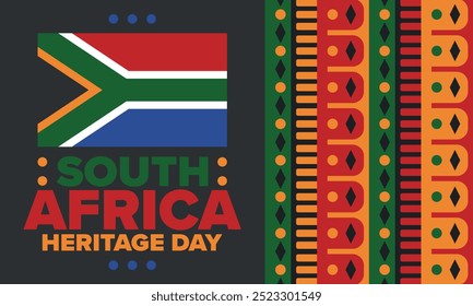 South Africa Heritage Day. Happy holiday. Celebrate culture and traditions of nation. South African flag. Poster with illustration. Pattern design. Vector