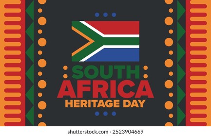 South Africa Heritage Day. Happy holiday. Celebrate culture and traditions of nation. South African flag. Poster with illustration. Pattern design. Vector