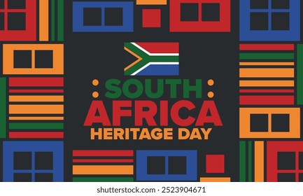 South Africa Heritage Day. Happy holiday. Celebrate culture and traditions of nation. South African flag. Poster with illustration. Pattern design. Vector