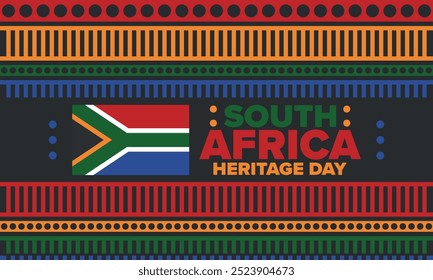 South Africa Heritage Day. Happy holiday. Celebrate culture and traditions of nation. South African flag. Poster with illustration. Pattern design. Vector