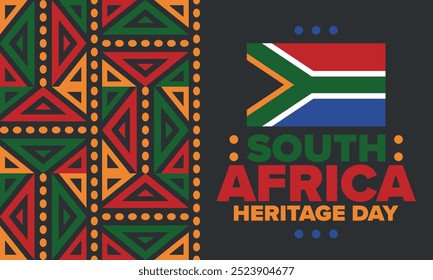 South Africa Heritage Day. Happy holiday. Celebrate culture and traditions of nation. South African flag. Poster with illustration. Pattern design. Vector