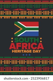 South Africa Heritage Day. Happy holiday. Celebrate culture and traditions of nation. South African flag. Poster with illustration. Pattern design. Vector