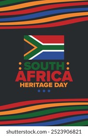 South Africa Heritage Day. Happy holiday. Celebrate culture and traditions of nation. South African flag. Poster with illustration. Pattern design. Vector