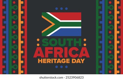 South Africa Heritage Day. Happy holiday. Celebrate culture and traditions of nation. South African flag. Poster with illustration. Pattern design. Vector