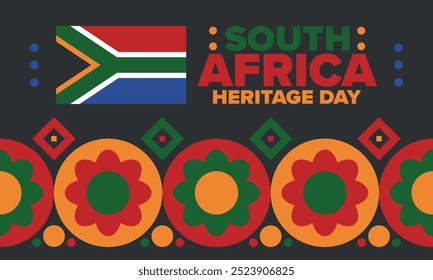 South Africa Heritage Day. Happy holiday. Celebrate culture and traditions of nation. South African flag. Poster with illustration. Pattern design. Vector